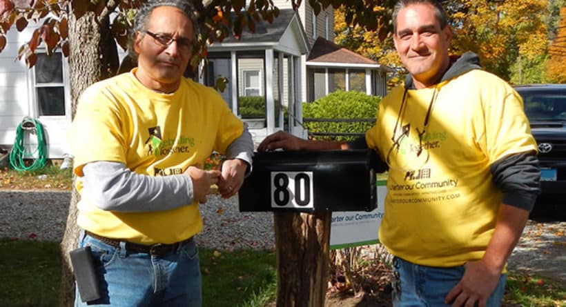 House Captains Bill and Rich with the finished mailbox at a Charter our Community-Rebuilding Together event in New Milford, Connecticut