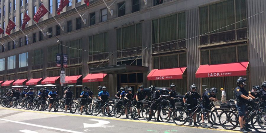 An image of Cleveland police officers on bicycles is at Public Square, one of the main areas designated for protesters to gather.