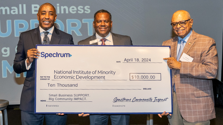Left to right: Rahman Khan, Charter Communications Group Vice President of Spectrum Community Impact, Kevin J. Price, President and CEO of the National Institute of Minority Economic Development, and Nasif Majeed, North Carolina Representative