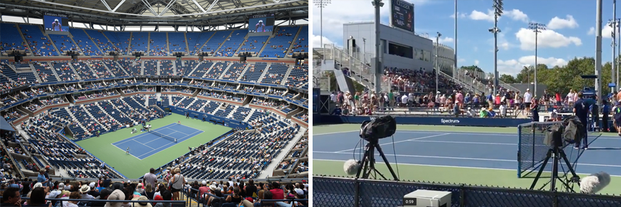 Here's a side by side look at Arthur Ashe Stadium (left) and a field court nearby (right).