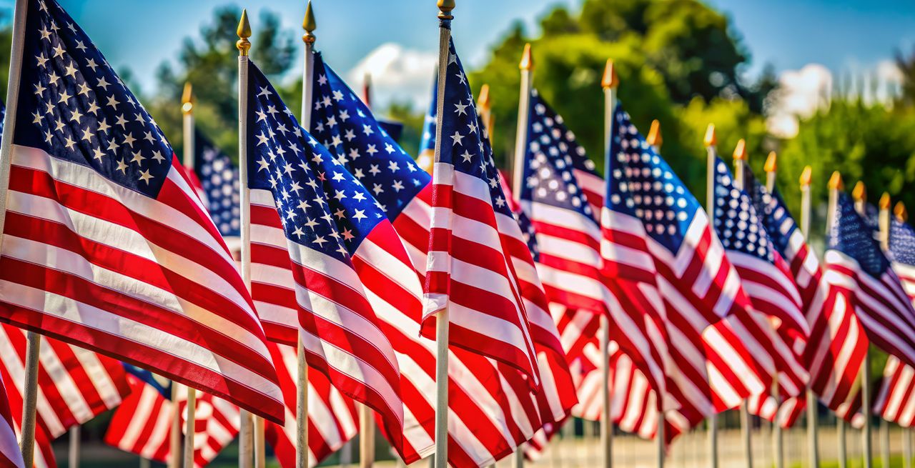 American flags in a thick row with blue sky and green trees in background