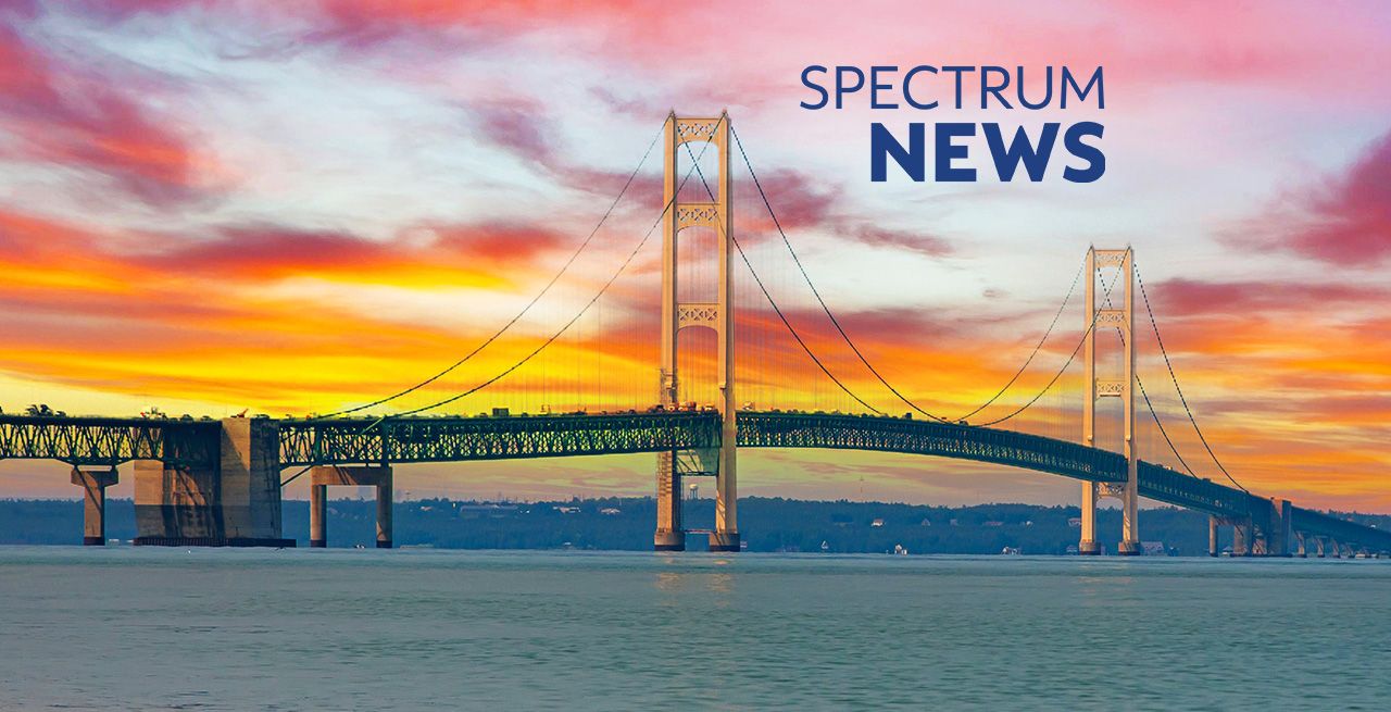 Michigan’s iconic Mackinac Bridge with Spectrum News logo