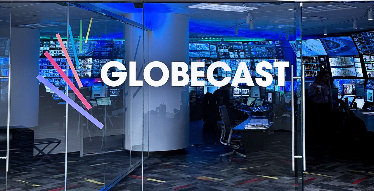 A broadcast control room with Globecast logo