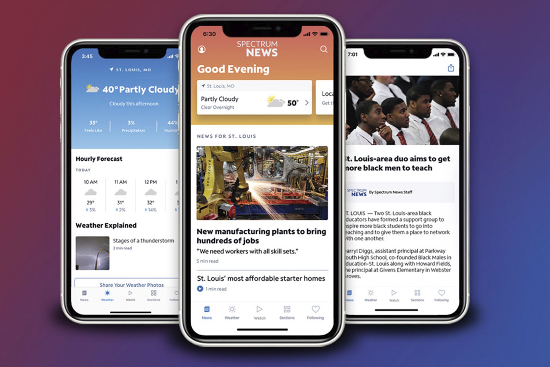 Trio of phone screens showing the Spectrum News App