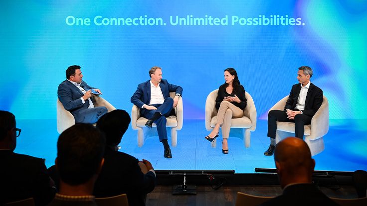CNBC’s Alex Sherman (left) hosted a conversation with Charter CEO Chris Winfrey, AMC Networks CEO Kristin Dolan and ESPN Chairman Jimmy Pitaro about how collaboration across distribution and media can deliver more value to viewers and the industry, and what’s next for sports and entertainment.
