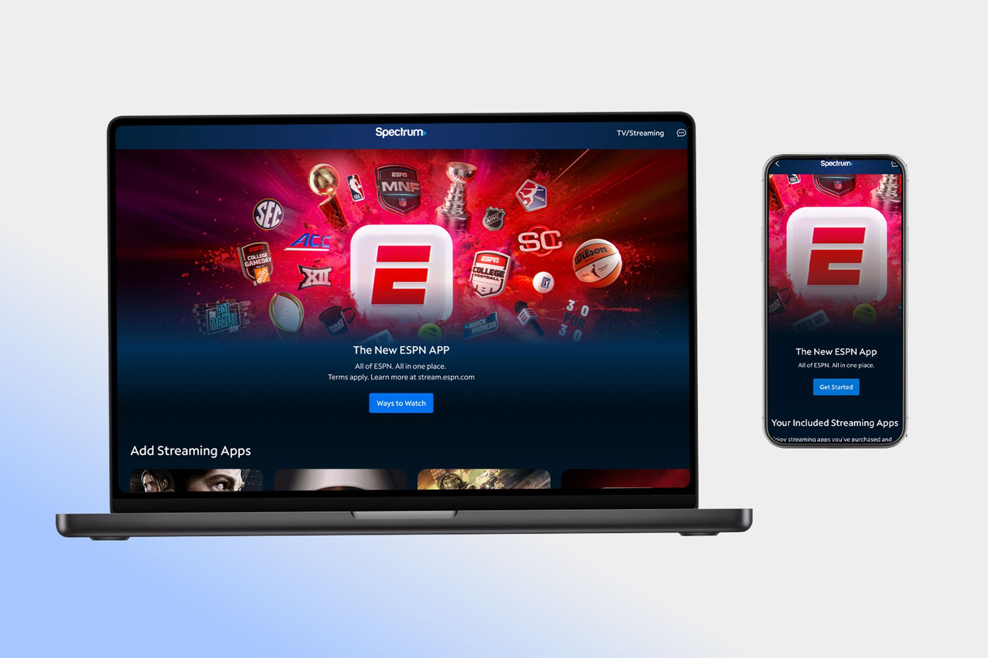 Spectrum App Store user interface shown on a laptop and phone