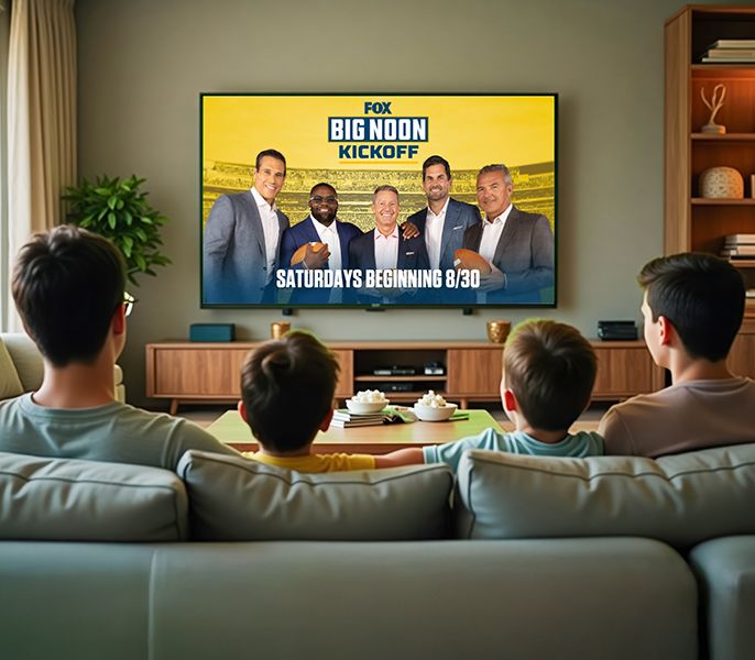 Family watching TV programming from their living room couch, viewed from behind