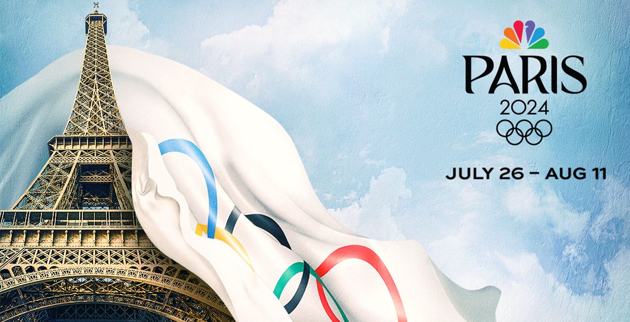 Illustration of the Eiffel Tower with the Olympic flag draped over it and official Paris 2024 Olympics logo