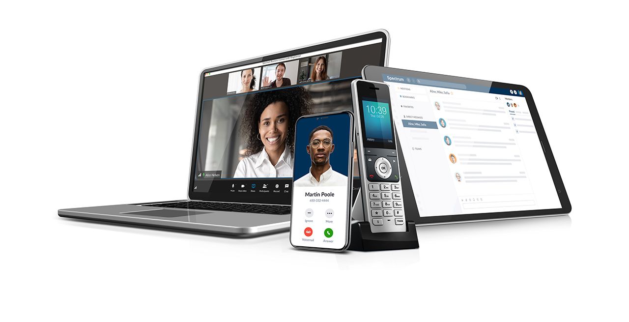 Laptop, tablet, smartphone and landline phone in a group with RingCentral branding