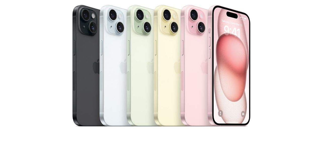 iPhone 15 shown in different colors all in a row