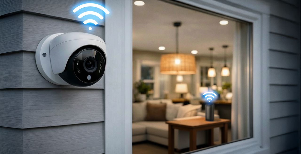 Exterior home surveillance camera with WiFi extender seen though the window