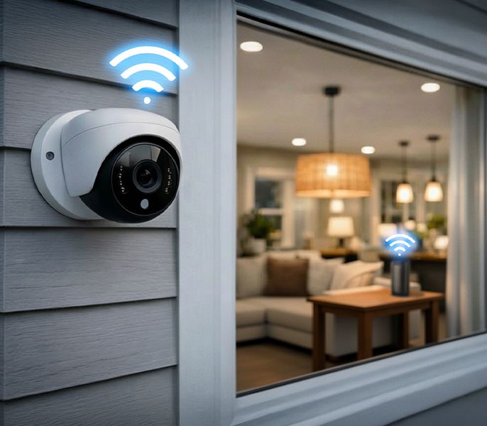 Exterior home surveillance camera with WiFi extender seen through the window