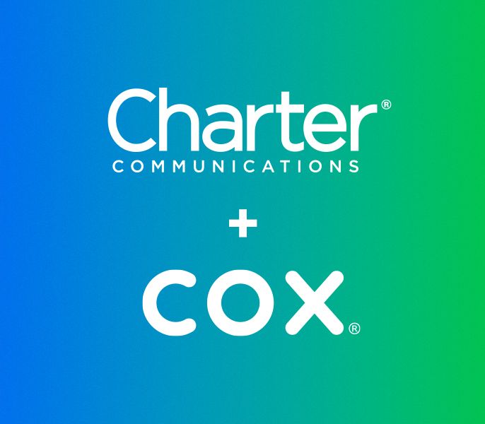 Stacked Charter and Cox logos on blue-green background