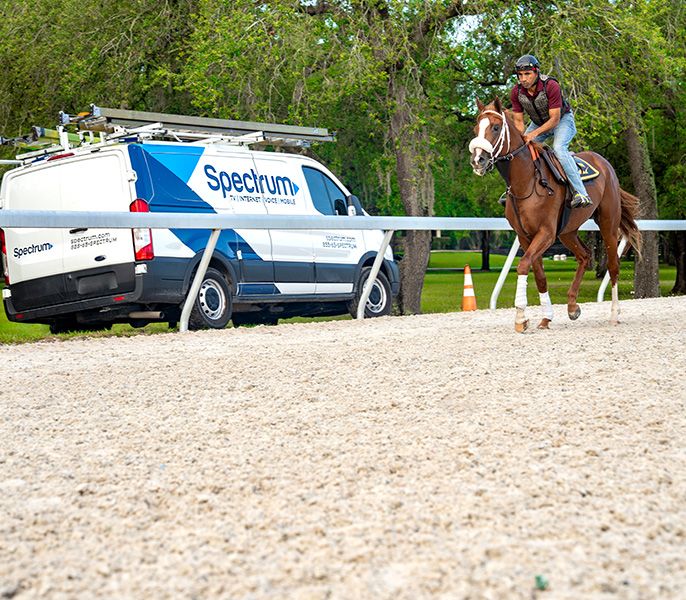 A horse gallops on a track at GoldMark Farm in Ocala, Florida, with Spectrum Van in background