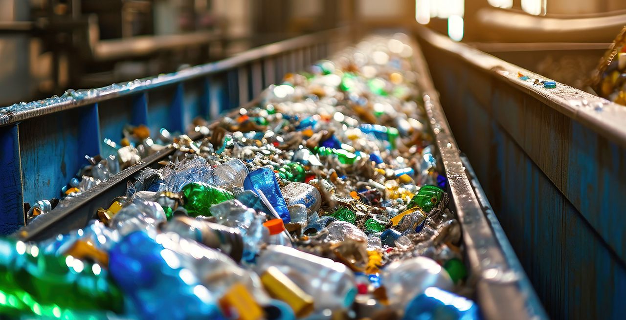 Glass being recycled in a facility, with piles of colorful bottles moving down a conveyor