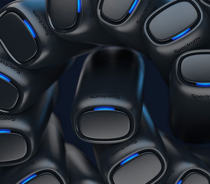 Spectrum Advanced WiFi 7 routers arranged in a swirl pattern viewed from above